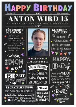 Meilensteintafel Chalkboard Geschenk 15. Geburtstag Zeitung Geburtstagsposter Personalisiert Teenager Mädchen Junge Happy News Chalk
