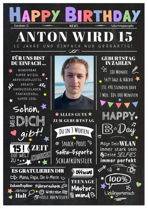 Meilensteintafel Chalkboard Geschenk 15. Geburtstag Zeitung Geburtstagsposter Personalisiert Teenager Mädchen Junge Happy News Chalk