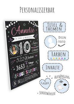 Meilensteintafel Chalkboard Geschenk 10. Geburtstag Personalisiert Junge Mädchen Geburtstagstafel Happy Lights08