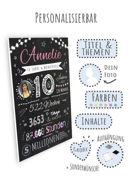 Meilensteintafel Chalkboard Geschenk 10. Geburtstag Personalisiert Junge Mädchen Geburtstagstafel Happy Lights08