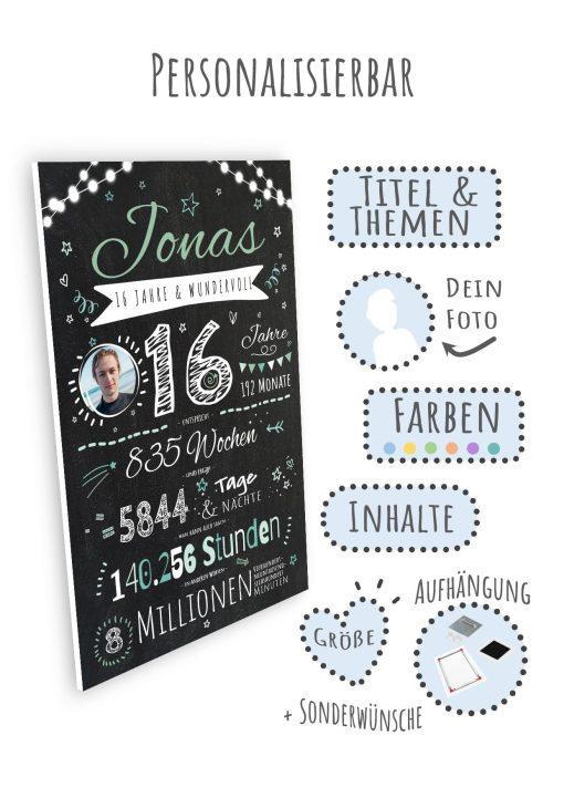 Meilensteintafel Chalkboard Geschenk 16. Geburtstag Personalisiert Teenager Junge Mädchen Geburtstagstafel Happy Lights08