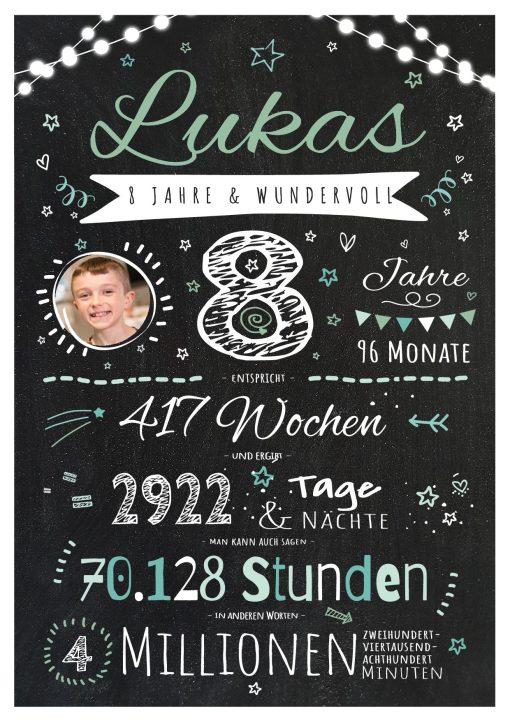 Meilensteintafel Chalkboard Geschenk 8. Geburtstag Personalisiert Junge Mädchen Geburtstagstafel Happy Lights Grün
