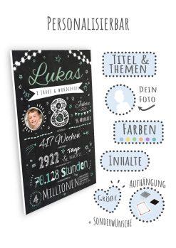 Meilensteintafel Chalkboard Geschenk 8. Geburtstag Personalisiert Junge Mädchen Geburtstagstafel Happy Lights08