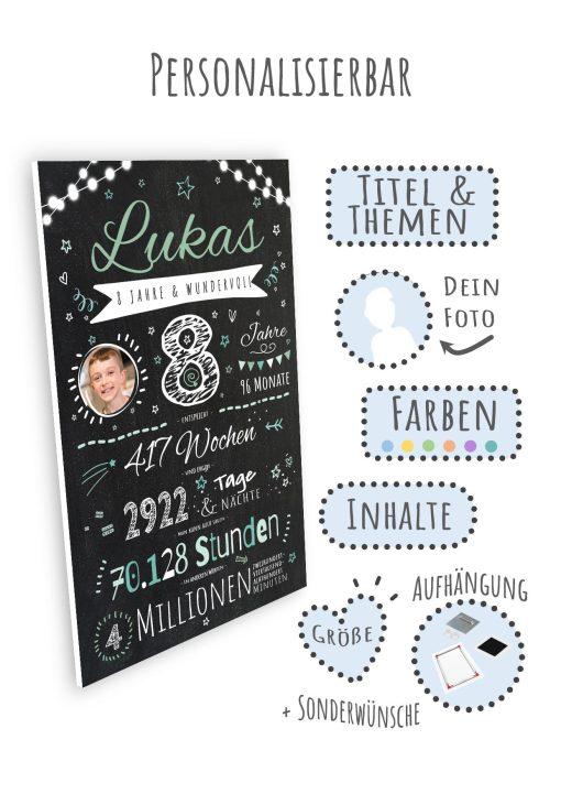 Meilensteintafel Chalkboard Geschenk 8. Geburtstag Personalisiert Junge Mädchen Geburtstagstafel Happy Lights08