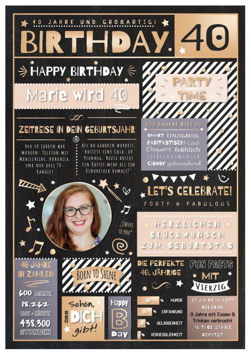 Meilensteintafel Chalkboard Geschenk 40. Geburtstag Personalisiert Geburtstagstafel Mann Frau Eleganz Rose 0