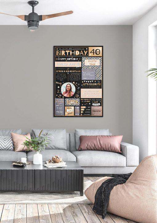 Meilensteintafel Chalkboard Geschenk 40. Geburtstag Personalisiert Geburtstagstafel Mann Frau Eleganz Rose03