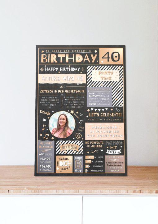 Meilensteintafel Chalkboard Geschenk 40. Geburtstag Personalisiert Geburtstagstafel Mann Frau Eleganz Rose06