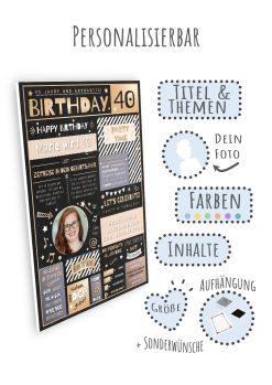 Meilensteintafel Chalkboard Geschenk 40. Geburtstag Personalisiert Geburtstagstafel Mann Frau Eleganz Rose09