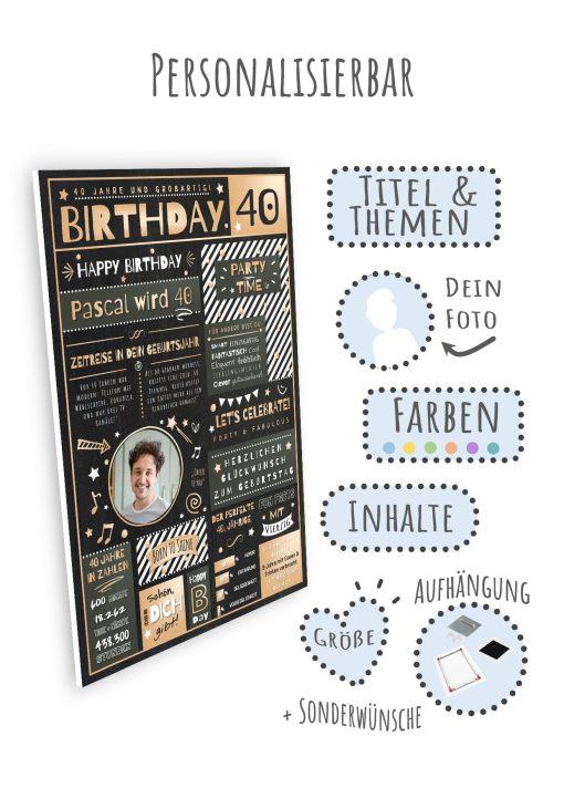 Meilensteintafel Chalkboard Geschenk 40. Geburtstag Personalisiert Geburtstagstafel Mann Frau Eleganz09