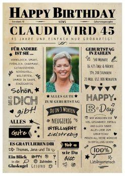 Meilensteintafel Chalkboard Geschenk 45. Geburtstag Zeitung Geburtstagsposter Jahrgangsposter Personalisiert Frau Mann Happy Birthday 1