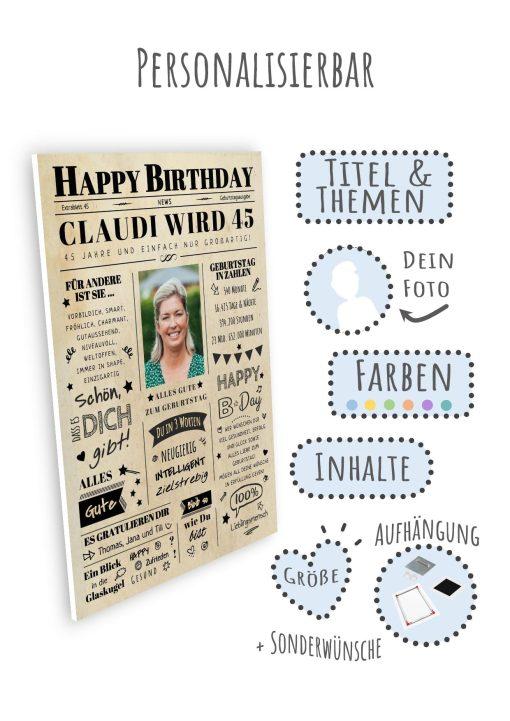 Meilensteintafel Chalkboard Geschenk 45. Geburtstag Zeitung Geburtstagsposter Jahrgangsposter Personalisiert Frau Mann Happy Birthday09