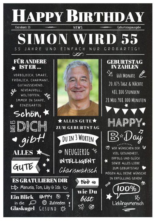 Meilensteintafel Chalkboard Geschenk 55. Geburtstag Zeitung Geburtstagsposter Jahrgangsposter Personalisiert Frau Mann Happy Birthday 0