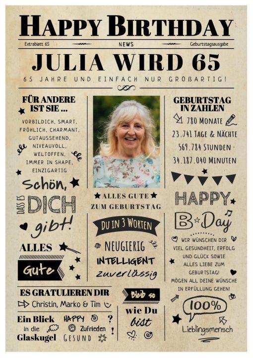 Meilensteintafel Chalkboard Geschenk 65. Geburtstag Zeitung Geburtstagsposter Jahrgangsposter Personalisiert Frau Mann Happy Birthday 2