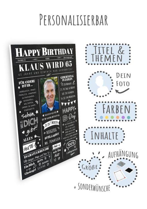 Meilensteintafel Chalkboard Geschenk 65. Geburtstag Zeitung Geburtstagsposter Jahrgangsposter Personalisiert Frau Mann Happy Birthday09