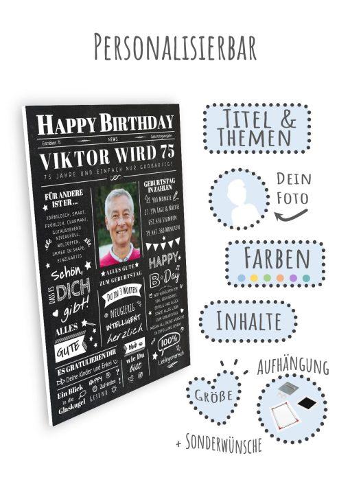 Meilensteintafel Chalkboard Geschenk 70. Geburtstag Zeitung Geburtstagsposter Jahrgangsposter Personalisiert Frau Mann Happy Birthday09