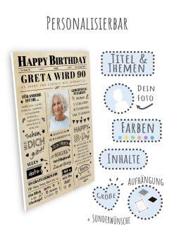 Meilensteintafel Chalkboard Geschenk 90. Geburtstag Zeitung Geburtstagsposter Jahrgangsposter Personalisiert Frau Mann Happy Birthday09