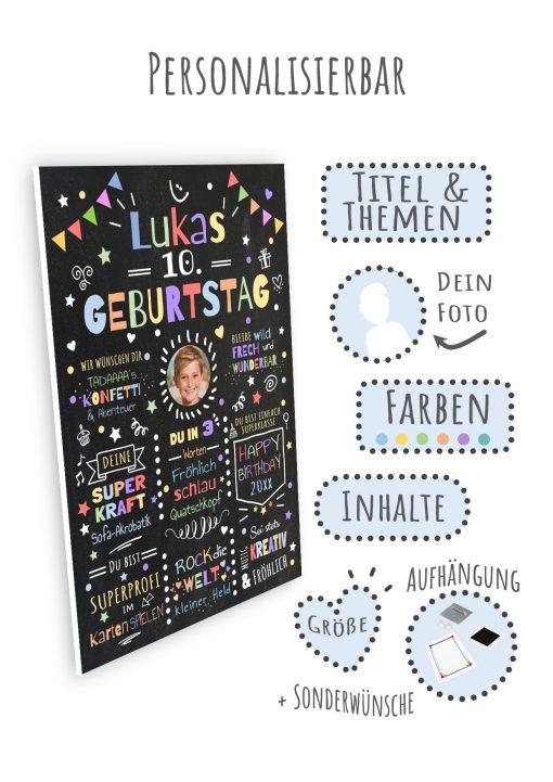 Meilensteintafel Chalkboard Geschenk 10. Geburtstag Personalisiert Geburtstagstafel Junge Mädchen Konfetti 008